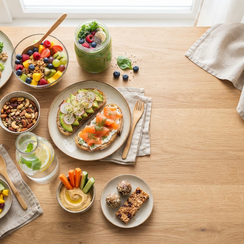 Fresh meals, bottled water and snacks arranged on a wooden table