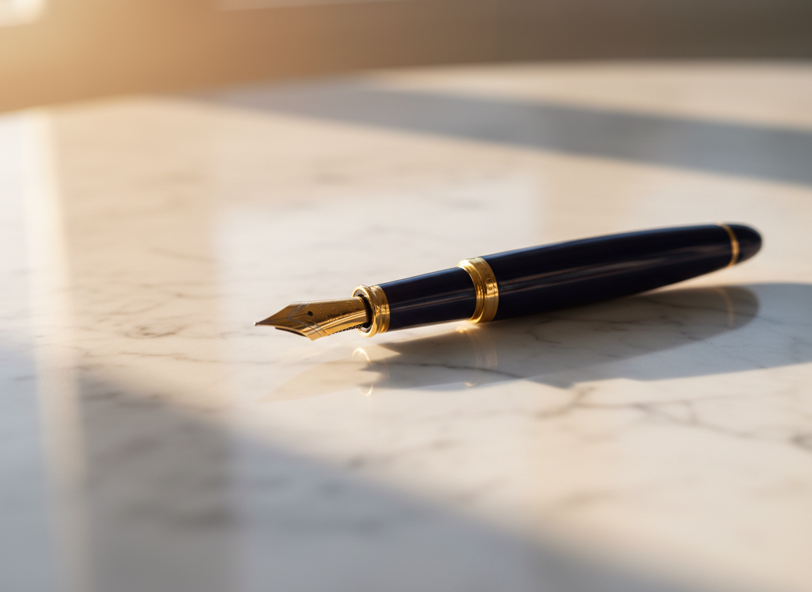 Close-up of a high-end fountain pen on a clean marble surface