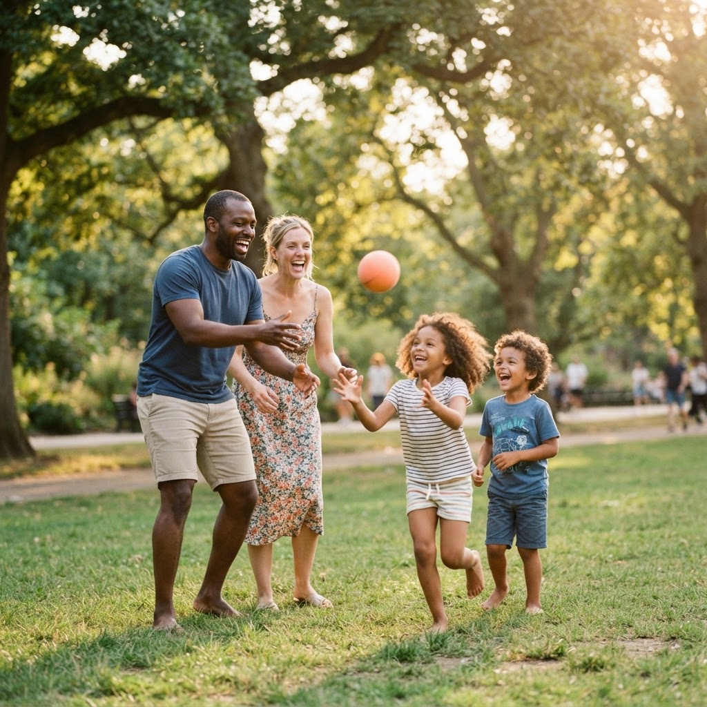 A happy blended family — Black dad, white mom, and mixed-race kids — playing together in a sunlit park