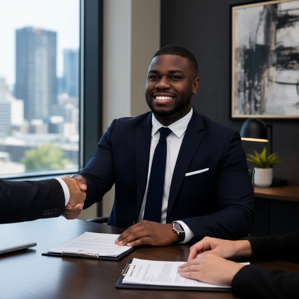 A trusted advisor warmly interacting with clients during a consultation