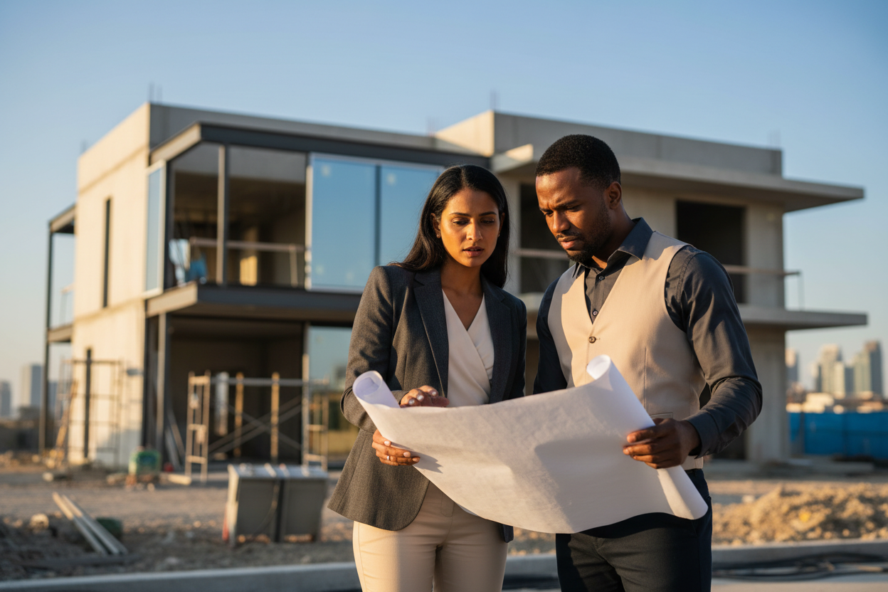 Diverse professionals collaborating at a construction site
