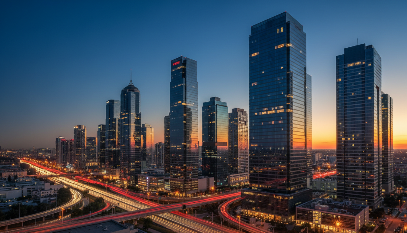 City skyline at dusk