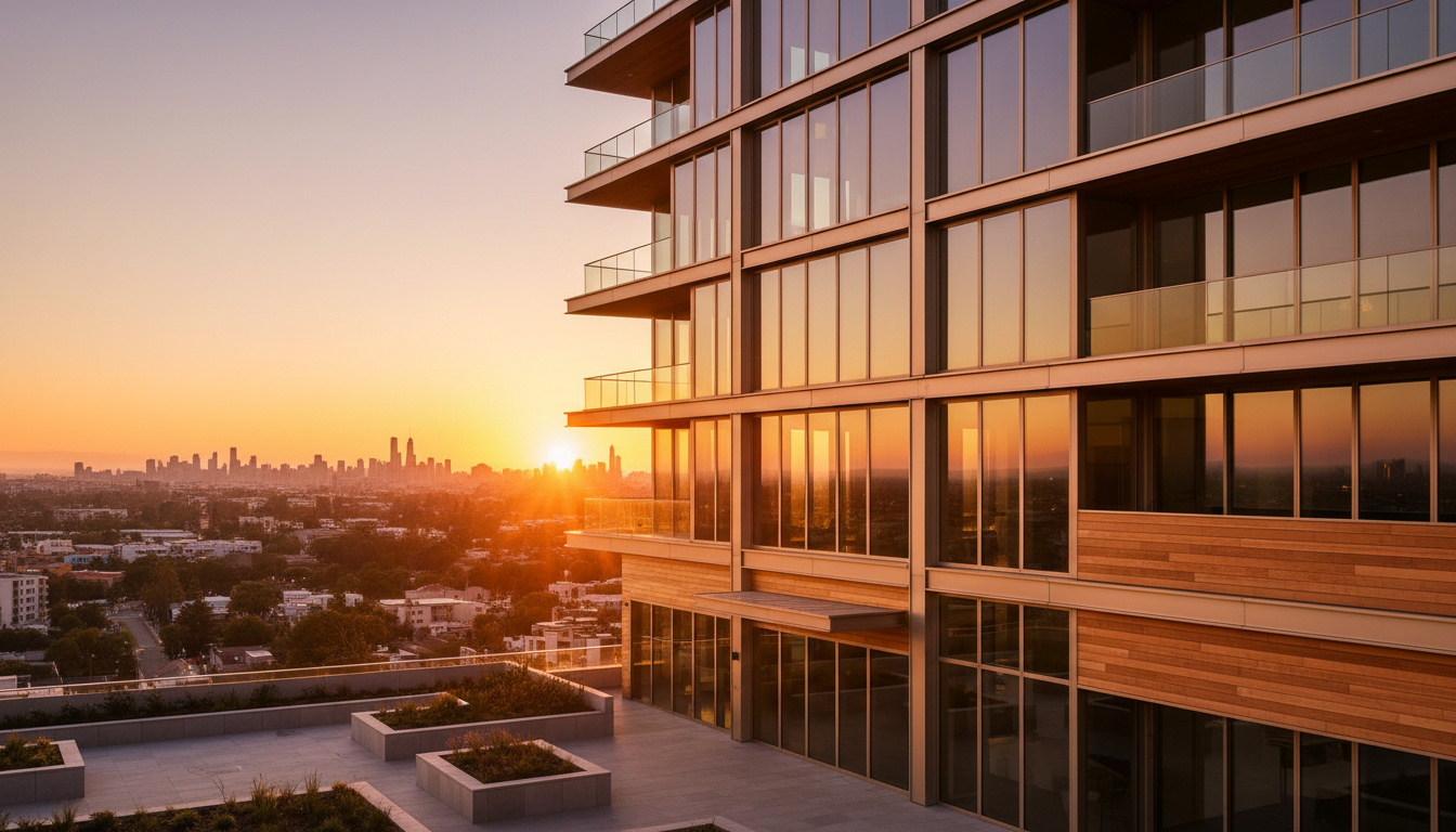 Modern glass architecture at golden hour