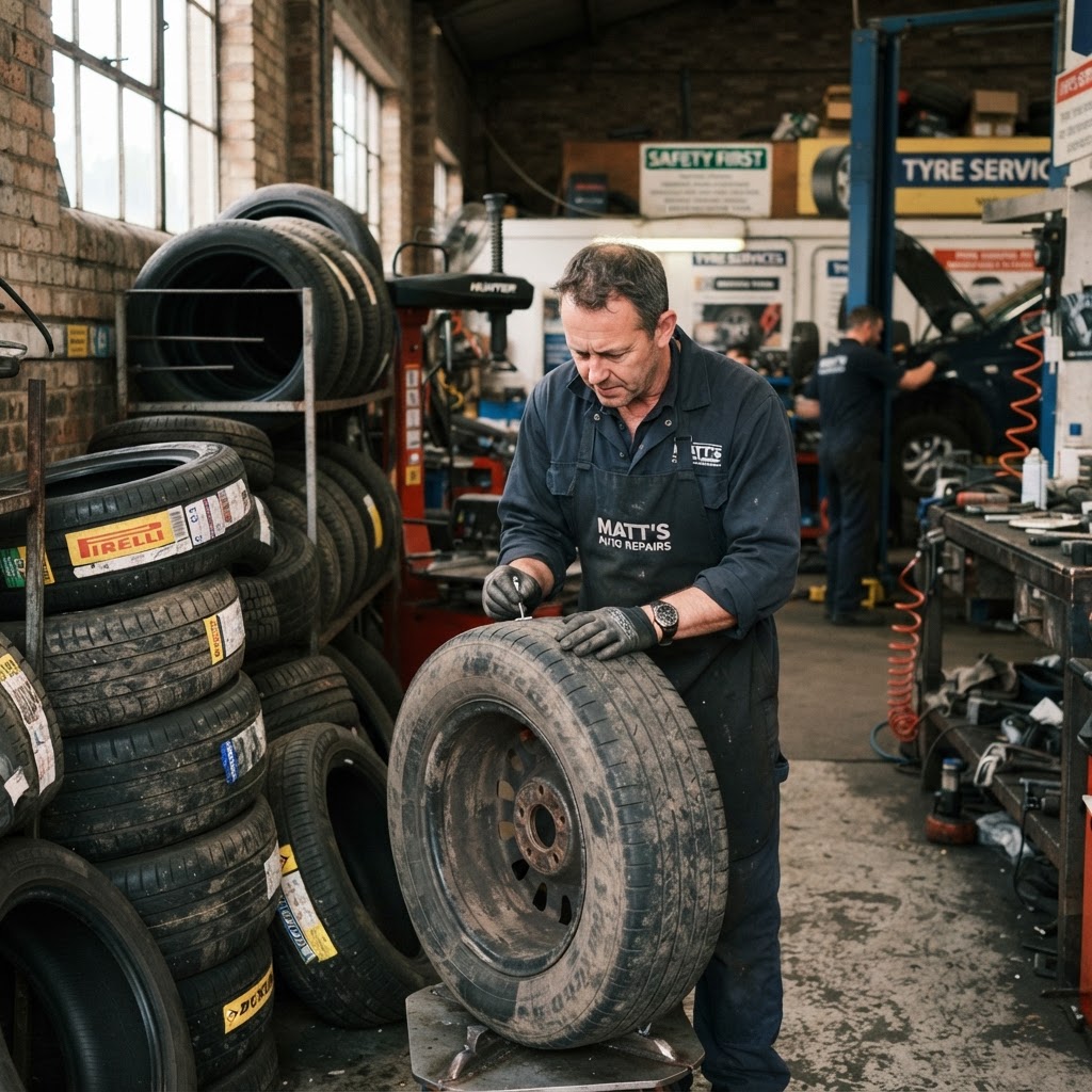 Part-worn tyres being inspected at Orchard Tyres in Newry
