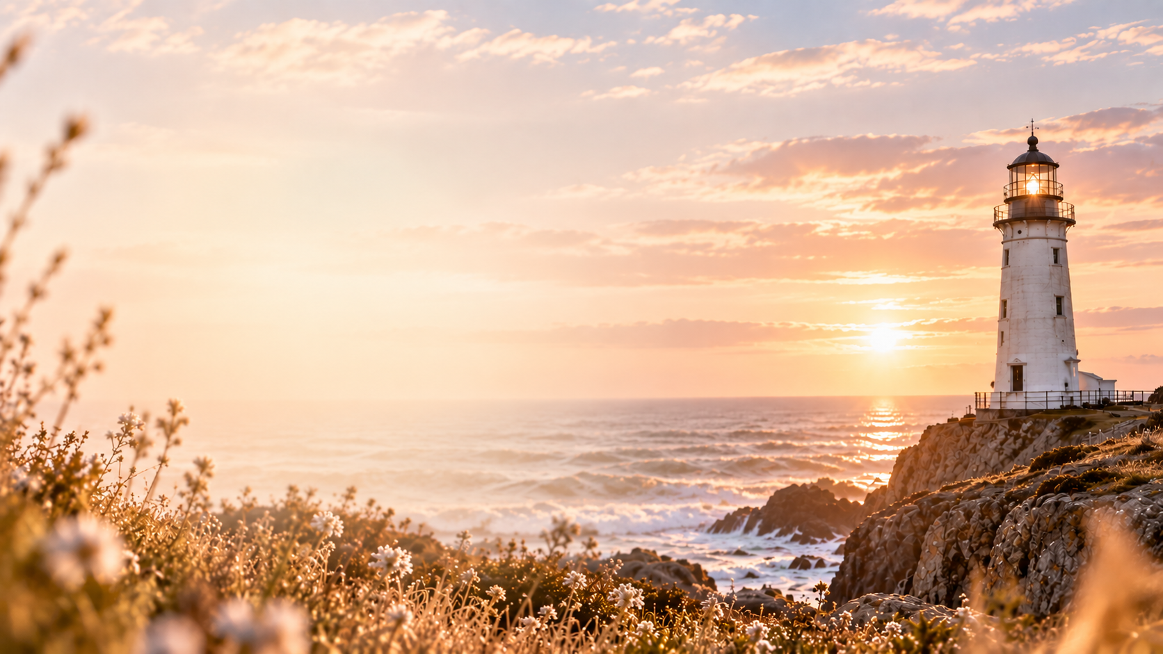 A white lighthouse at sunset overlooking the ocean