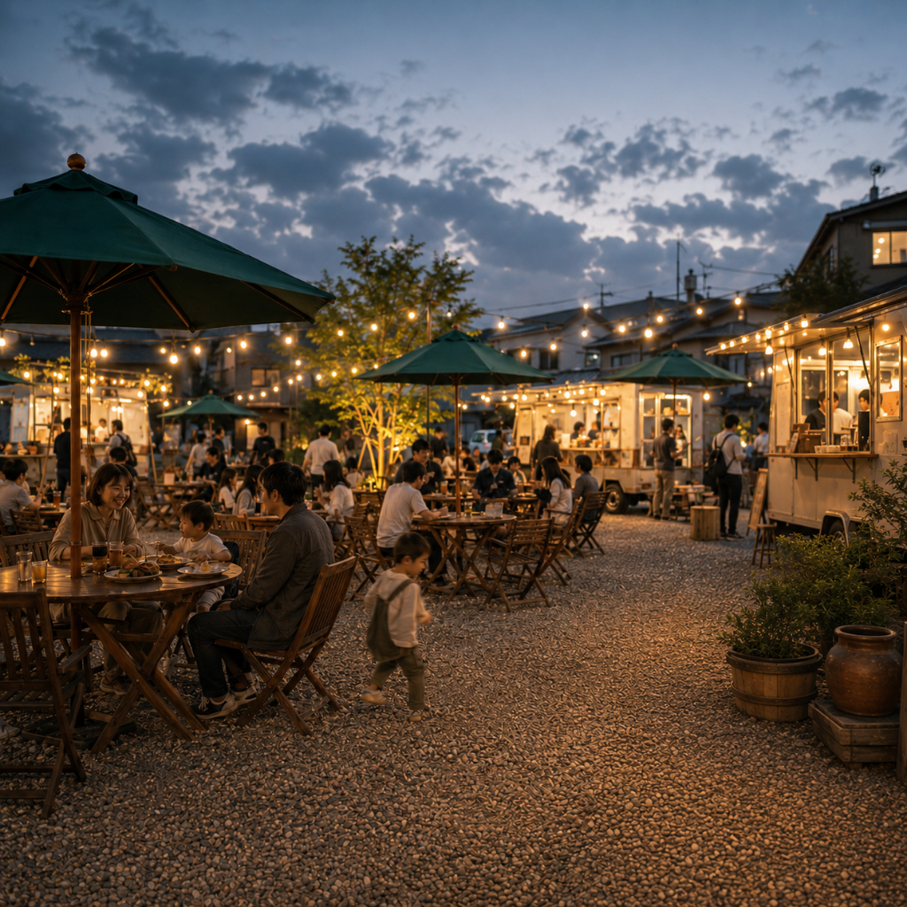 夕暮れのTOKONAME TERRACEで、灯りの下にキッチンカーとテーブル席が並び、家族連れが食事を楽しむ様子