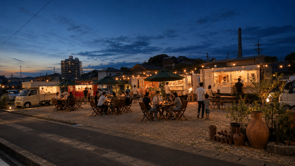 夜のTOKONAME TERRACEで、灯りの下に人々が集い、キッチンカーとテーブル席が並ぶ様子