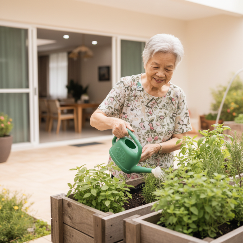 Singaporean elderly Chinese woman watering herbs in a sunny therapeutic garden