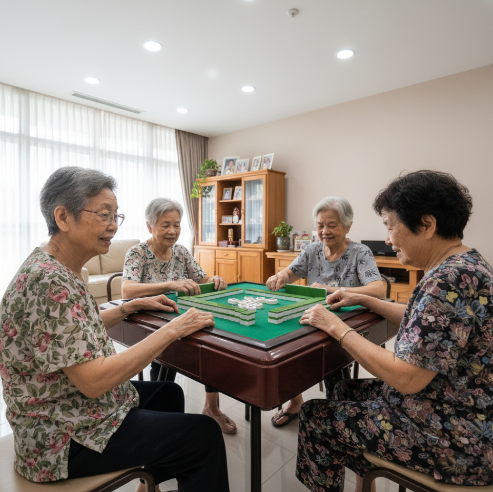 Four elderly Singaporean Chinese women playing Mahjong around a proper automatic mahjong table in a bright living room