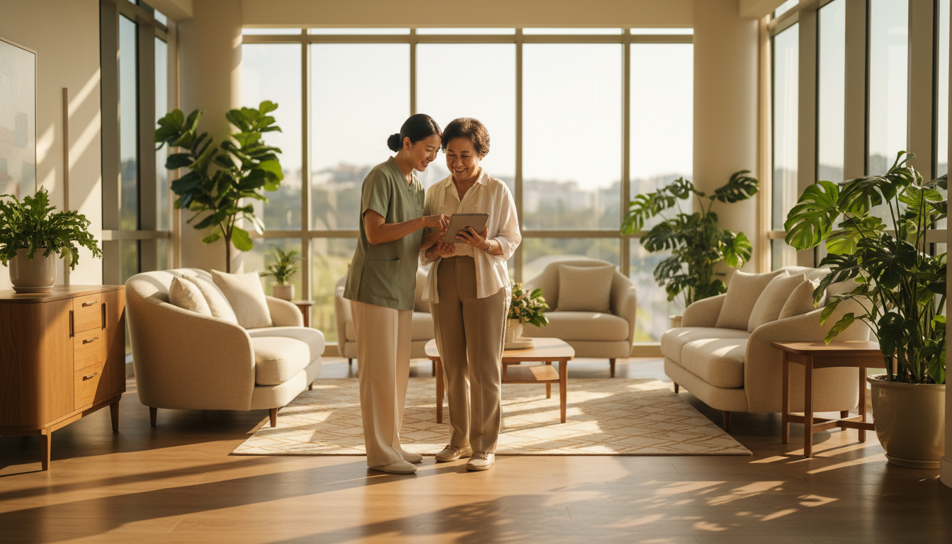 A sunlit communal living room with comfortable seating and residents engaging warmly with caregivers