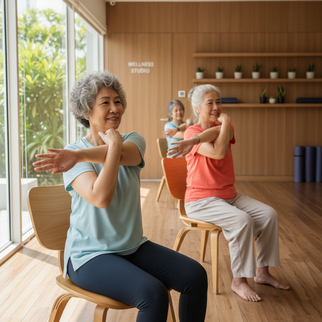 Singaporean elderly ladies doing gentle chair yoga stretches in a warm wellness studio