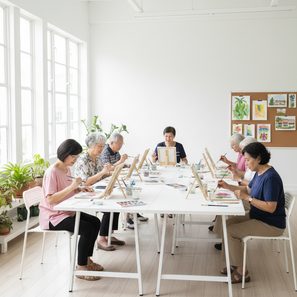 Singaporean seniors of diverse ethnicities painting watercolours at a worktable in a bright studio