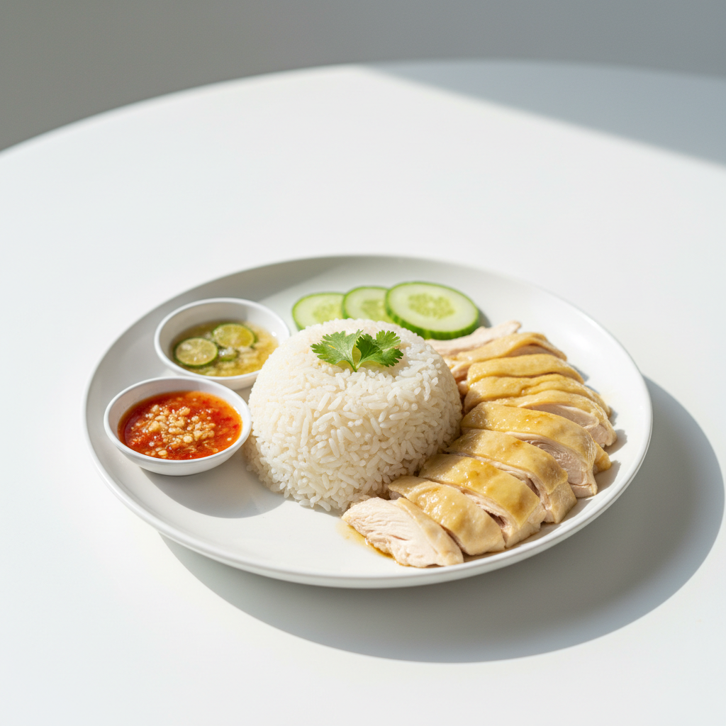 Hainanese chicken rice with fragrant rice, poached chicken and chili dip