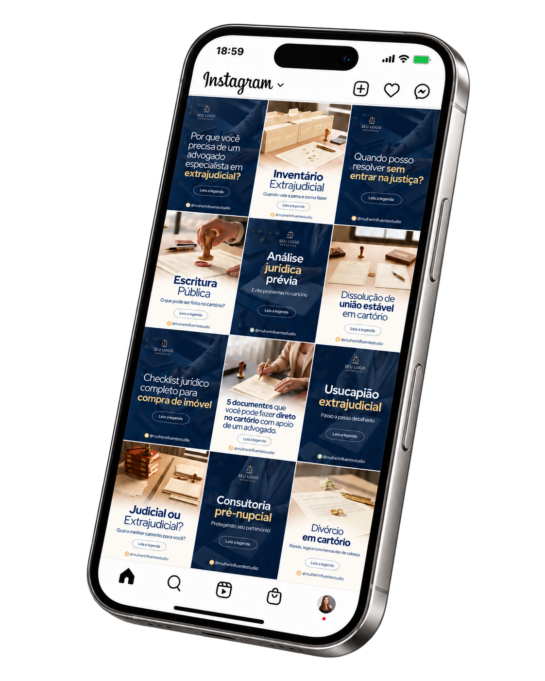 Mockup de celular com posts jurídicos AdvoPost para Instagram