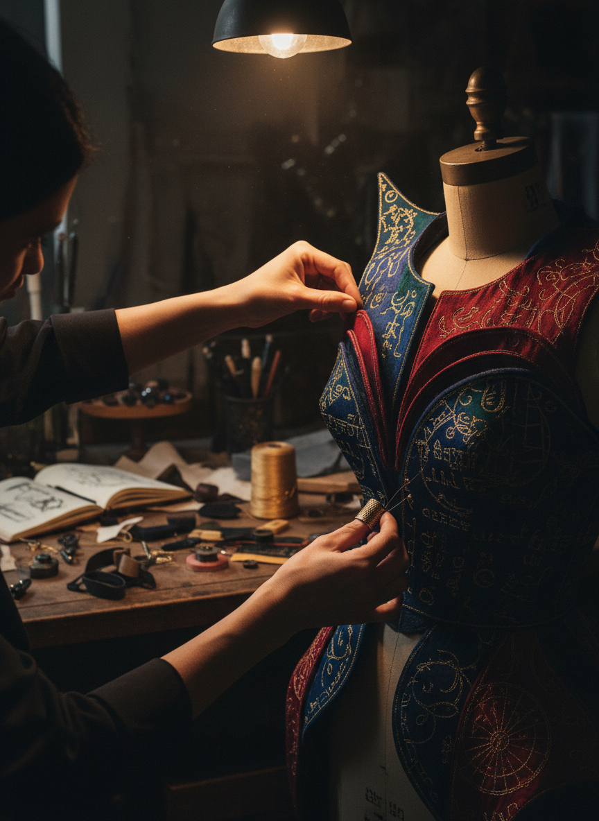 Designer's hands adjusting an avant-garde garment with gold thread embroidery