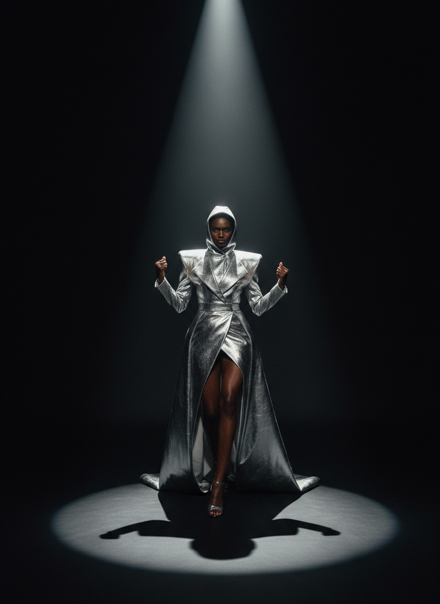 Fashion model in metallic silver couture under dramatic spotlight