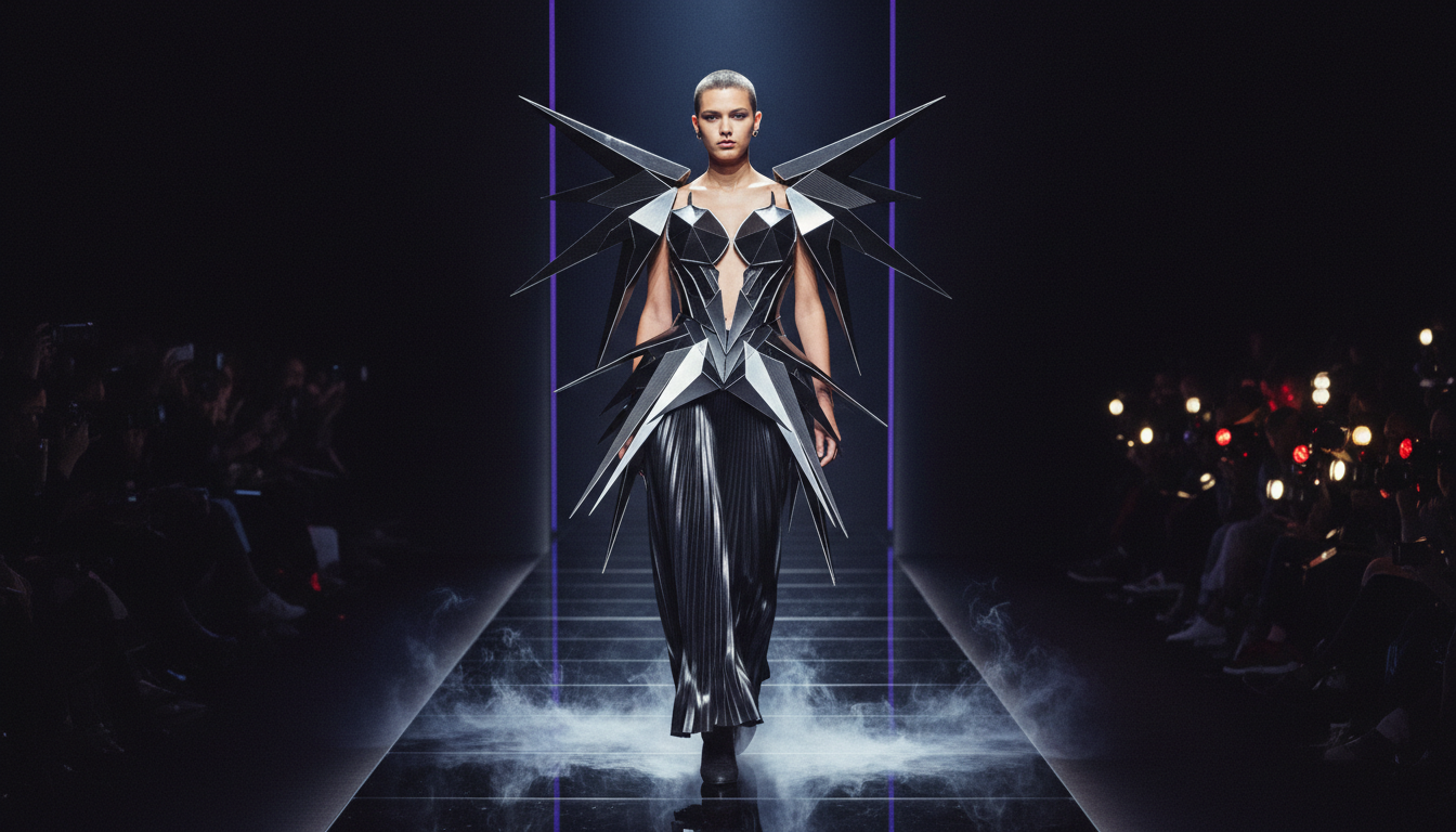 Dramatic fashion runway with avant-garde couture model under cinematic lighting