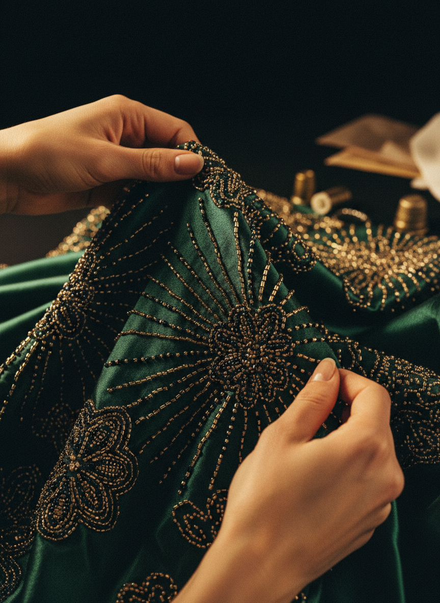 Close-up of luxury couture fabric being adjusted in a dimly lit studio