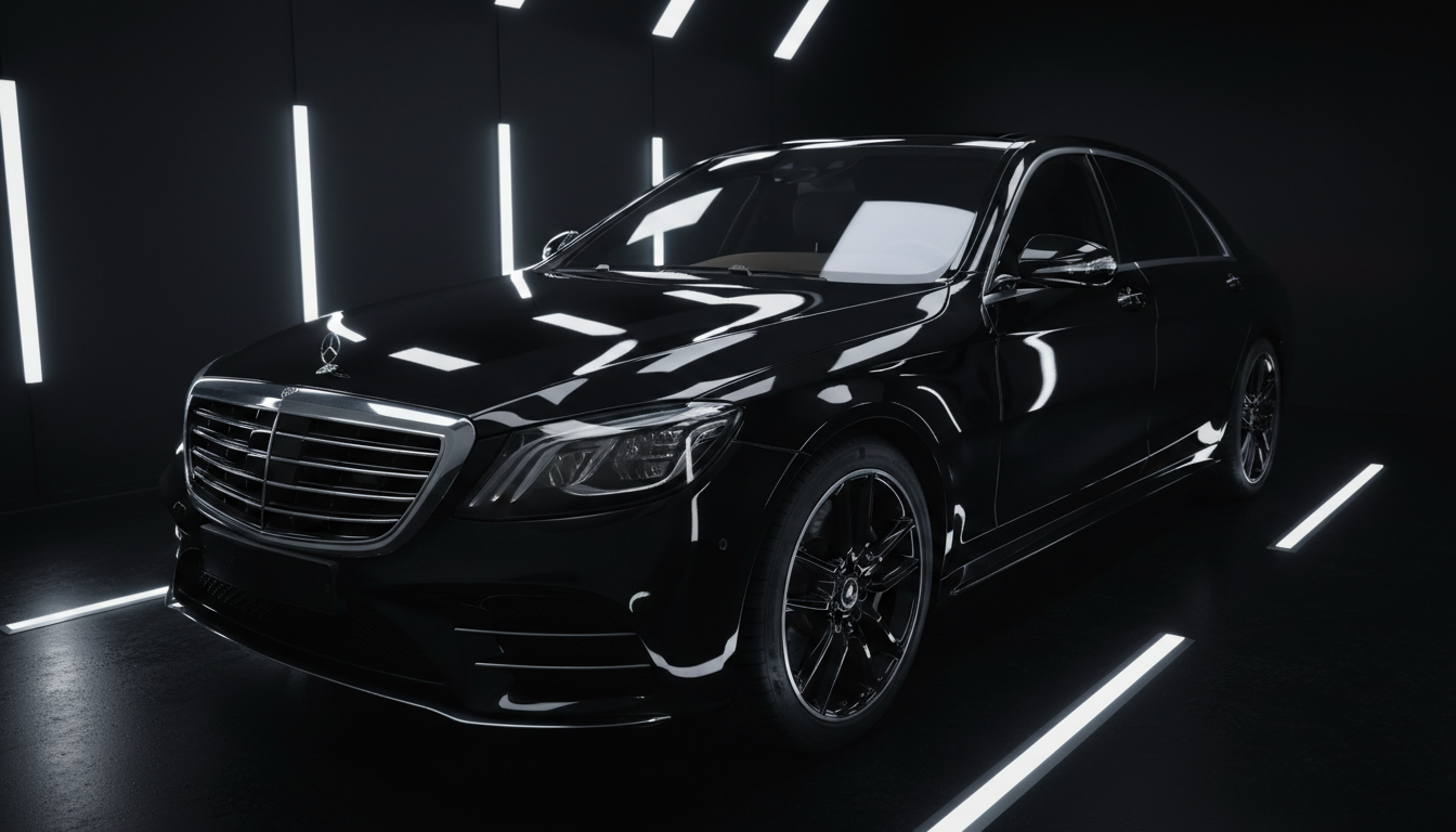 Freshly detailed luxury car with mirror finish in a professional detailing studio