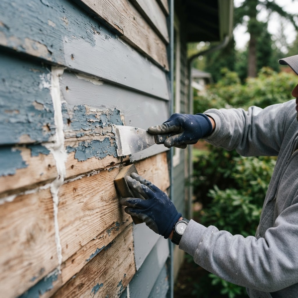 Exterior paint preparation on a Camas Washington home — scraping and sanding peeling siding