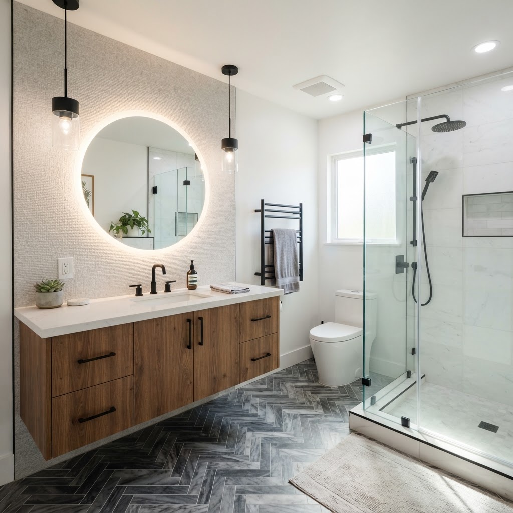 Modern black fixture bathroom remodel