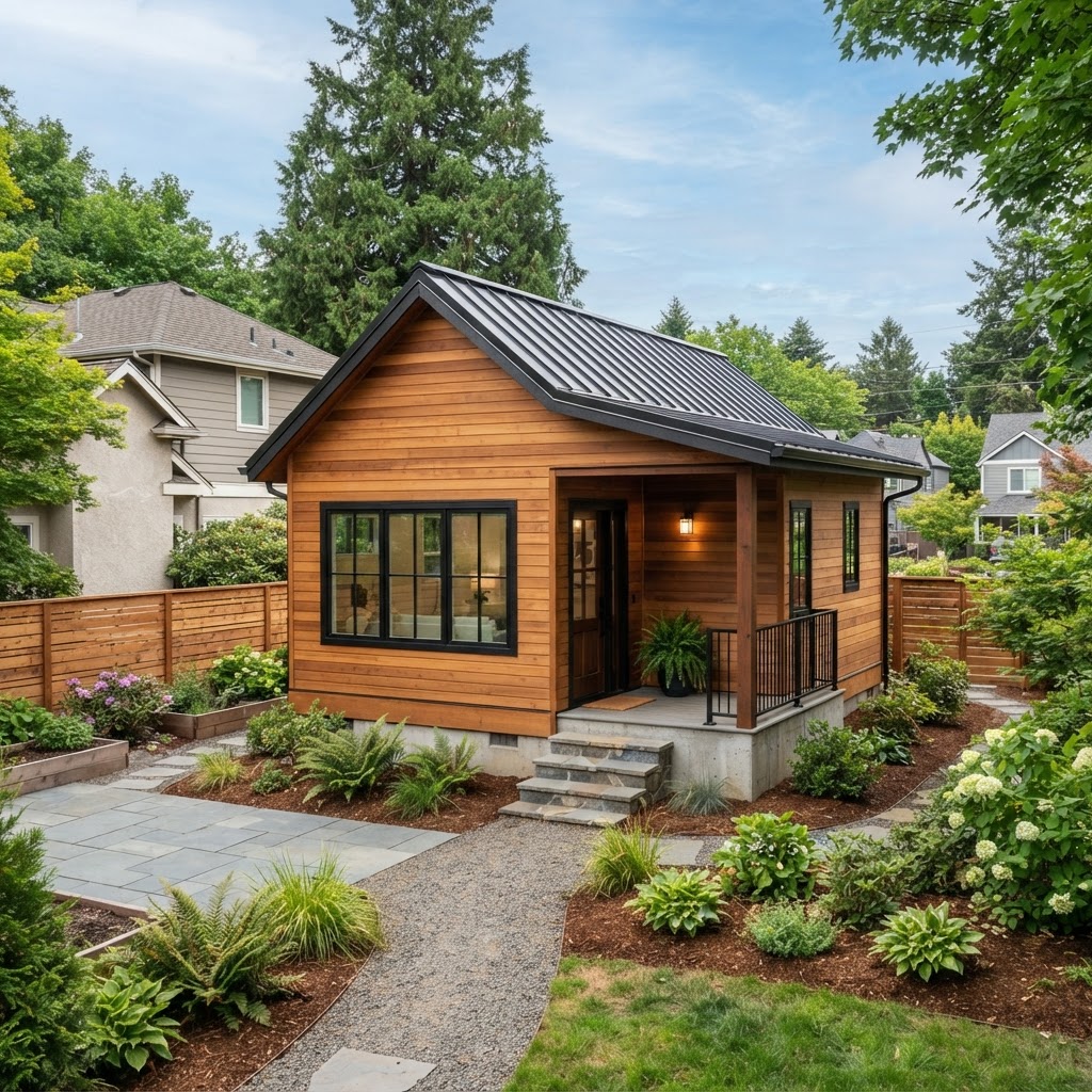 Detached residential accessory dwelling unit designed to complement a Pacific Northwest home