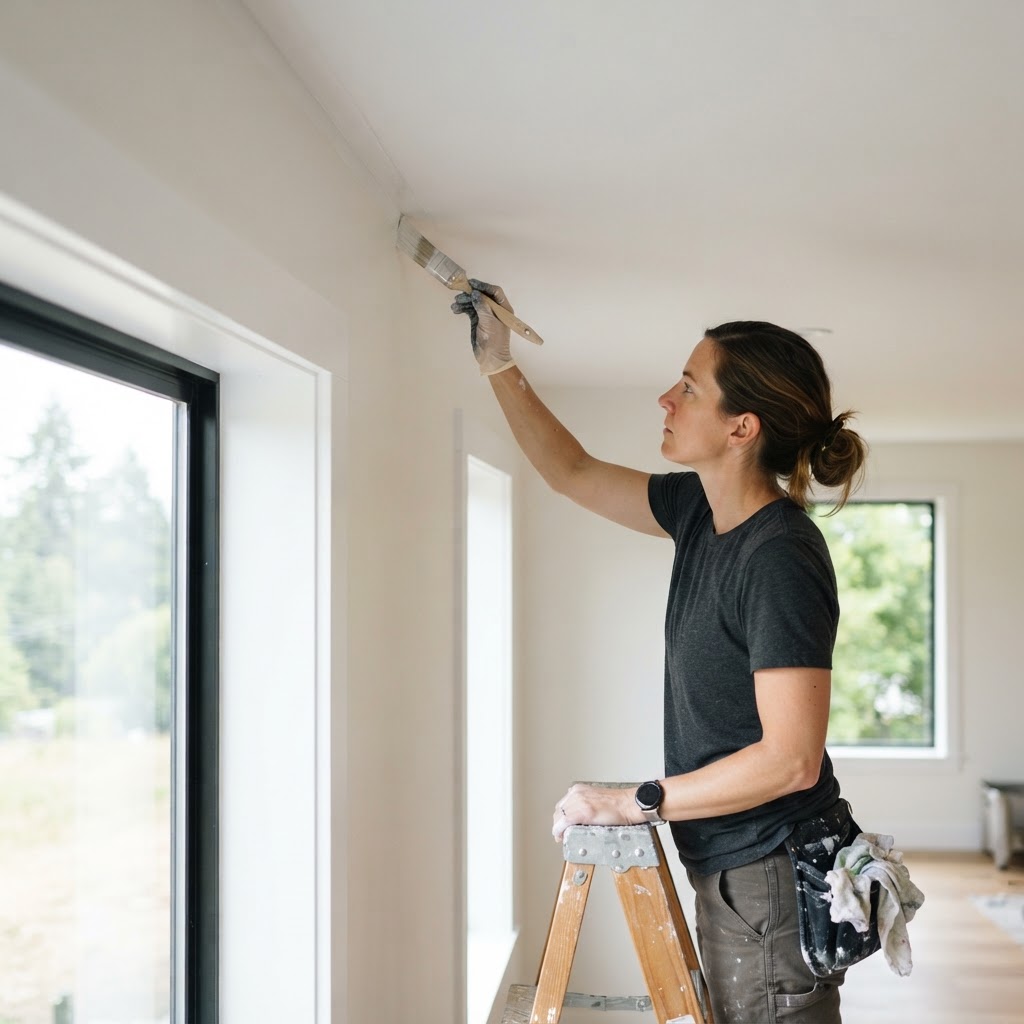 Interior painting detail with crisp cut lines along a ceiling in a remodeled Camas Washington home