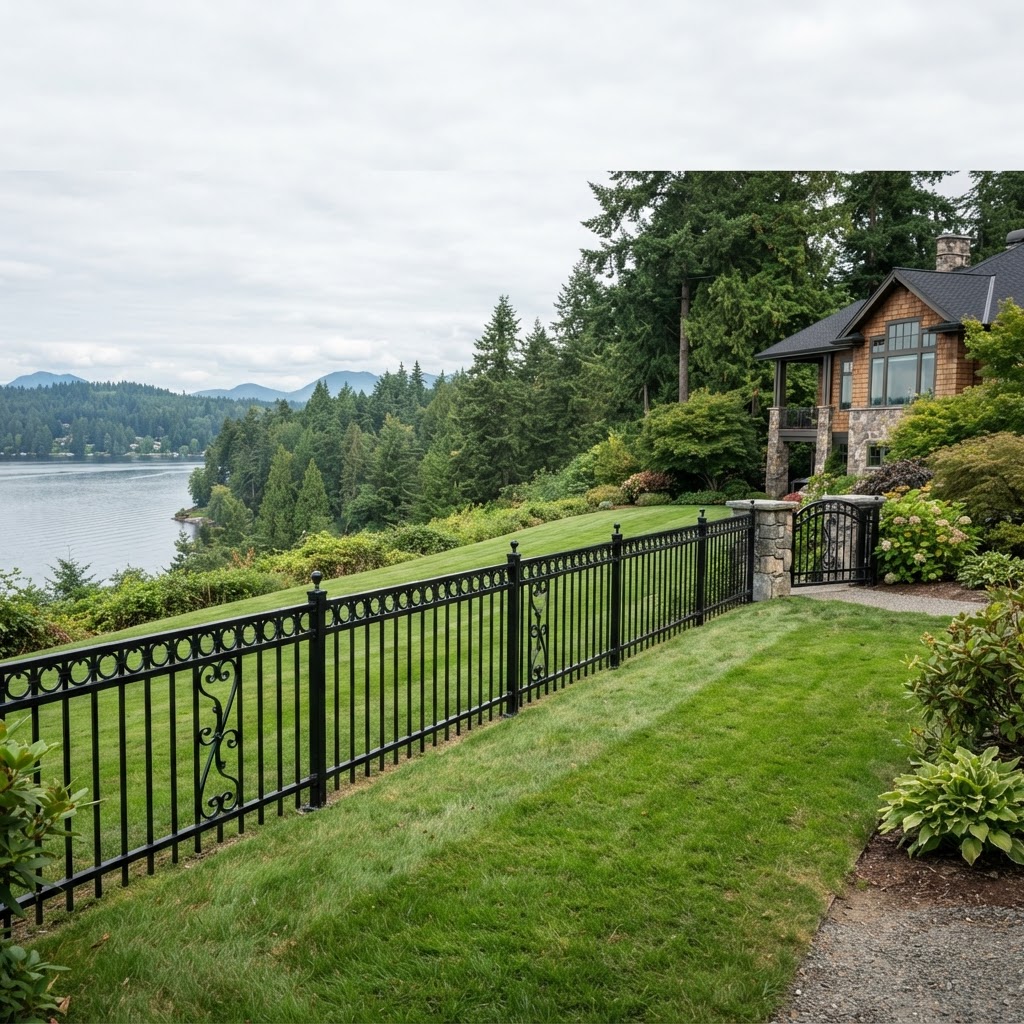 Black metal fence with open sightlines toward evergreen trees and a lake on a Camas Washington property