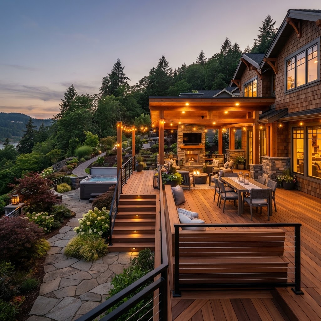 Custom outdoor deck designed for a refined Pacific Northwest home setting