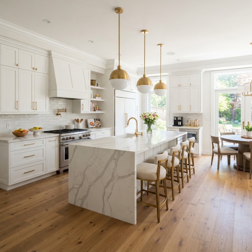 White shaker kitchen with quartz island