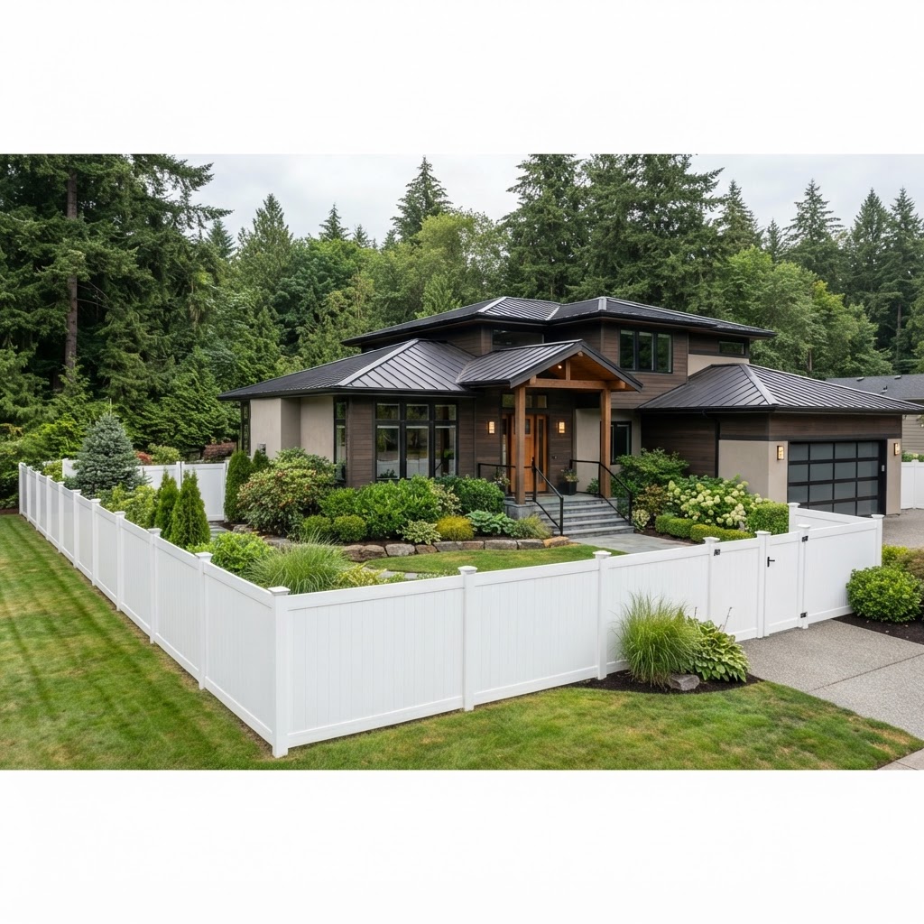 White vinyl privacy fence around a modern home in Camas Washington