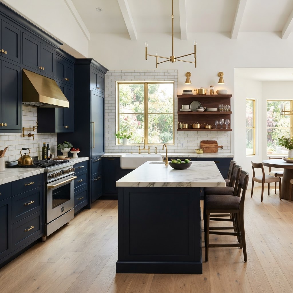 Navy cabinetry kitchen with marble counters