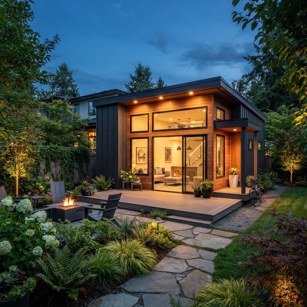 Detached accessory dwelling unit on a wooded Pacific Northwest residential property near Washougal Washington