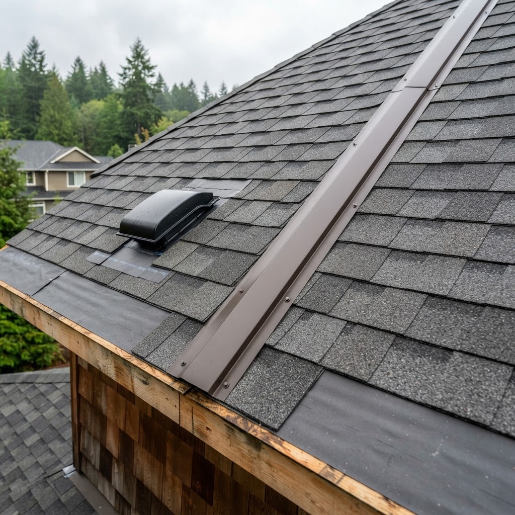 Roof replacement evaluation on a Camas Washington home showing shingles flashing and roof assembly details
