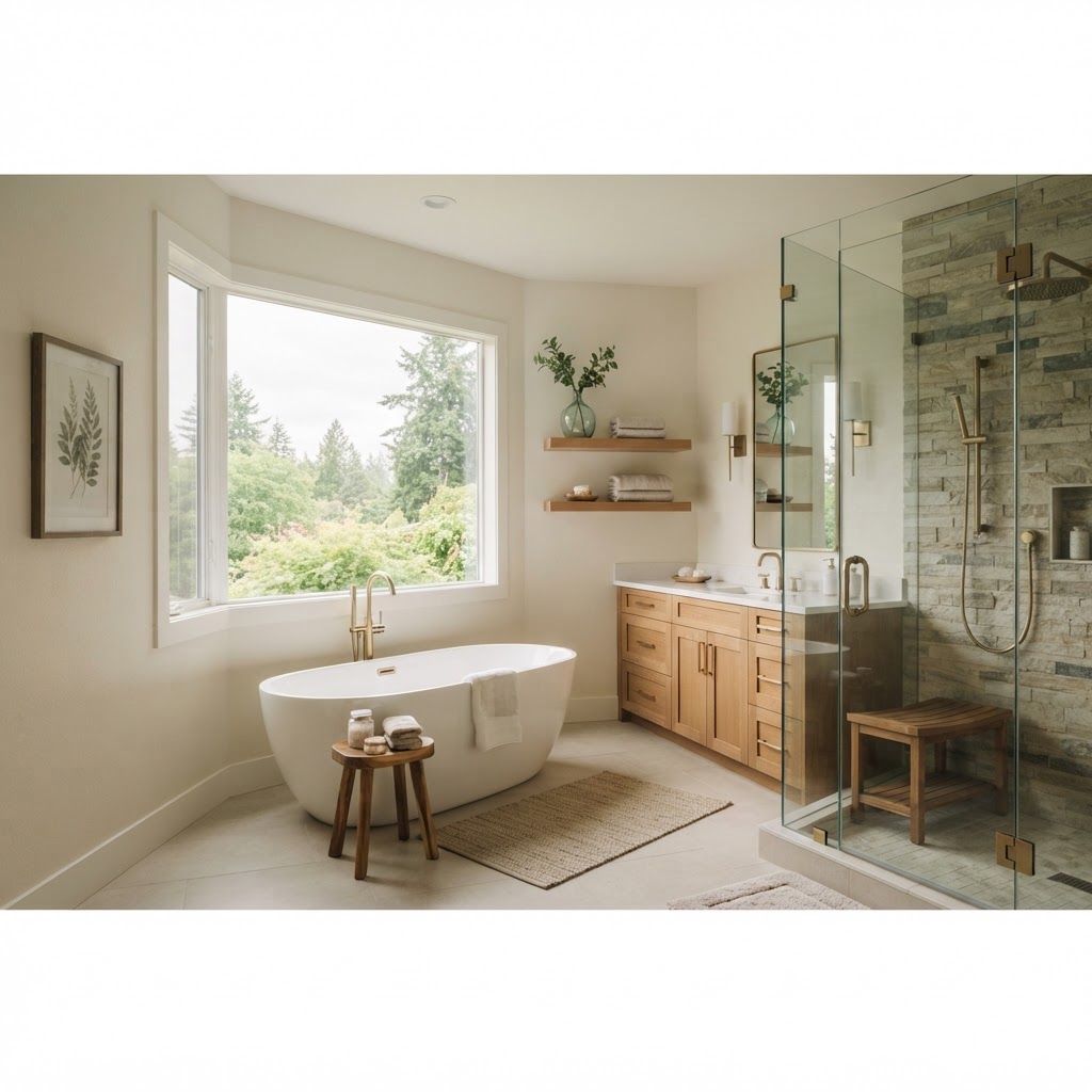 High-end primary bathroom with custom vanity and walk-in shower representing Lake Oswego remodeling