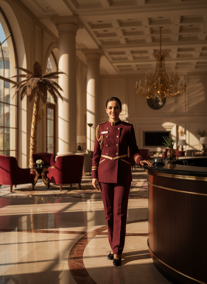 Luxury tailored hotel uniform in a grand Dubai lobby