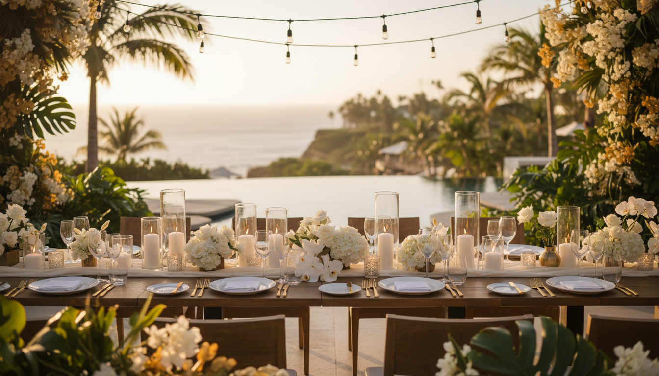 Elegant outdoor dinner table set with candles and flowers at a luxury resort