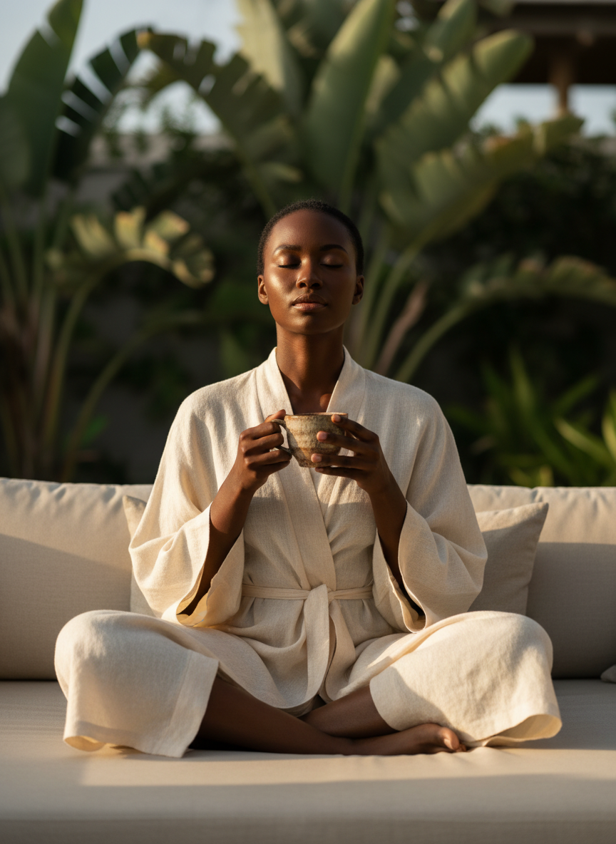 Woman in a luxurious cream robe relaxing with a cup of tea at a resort