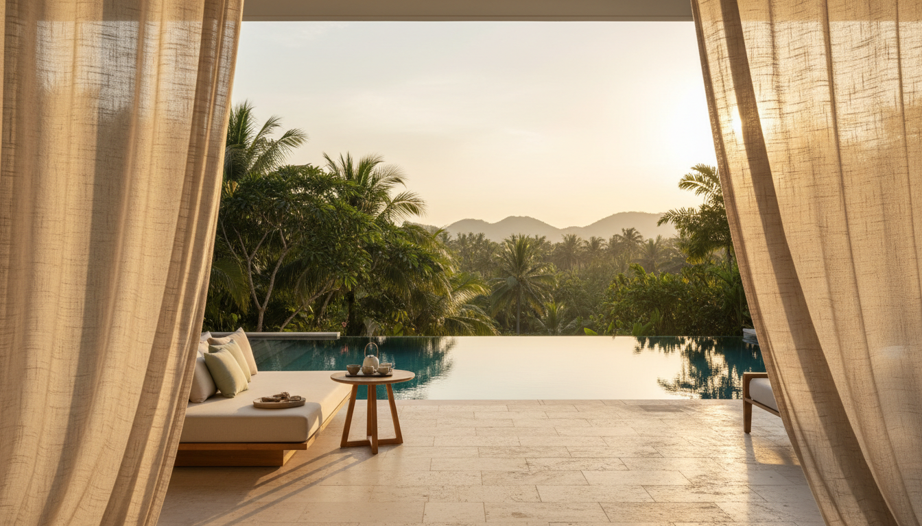 Serene luxury resort terrace at golden hour with infinity pool and tropical foliage