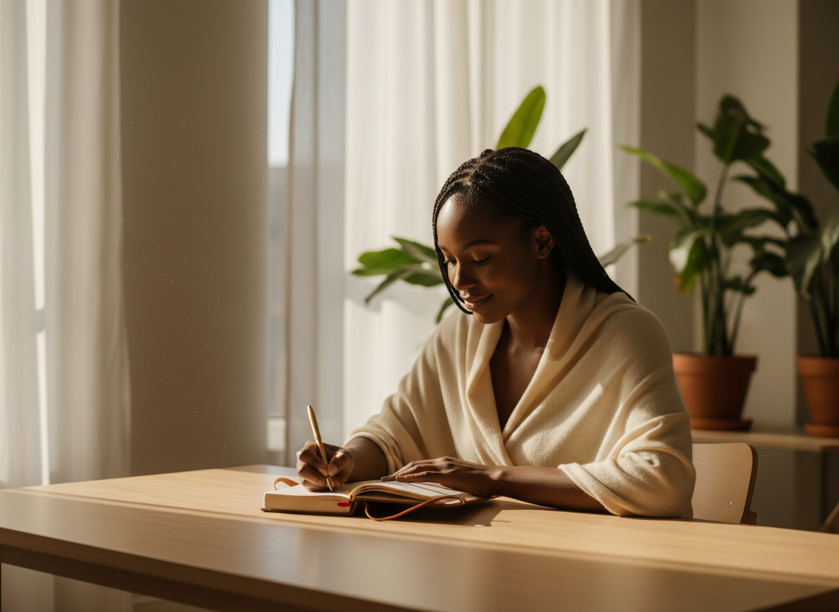 Woman journaling at a desk by a window in warm morning light