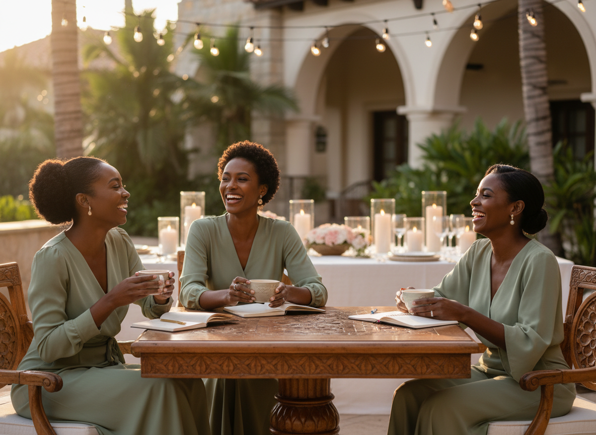 Group of women laughing and connecting at a golden hour dinner