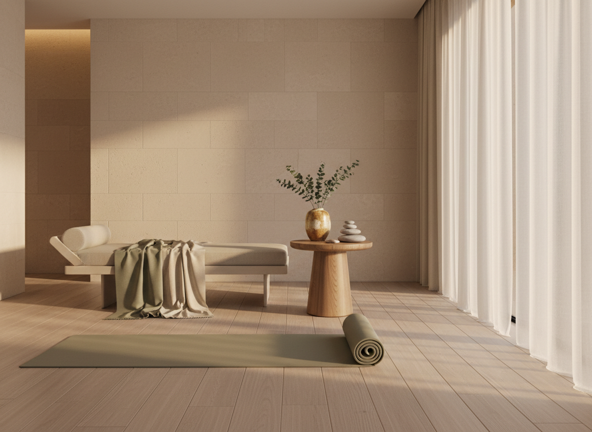 Minimalist luxury spa interior with yoga mat, eucalyptus, and morning light