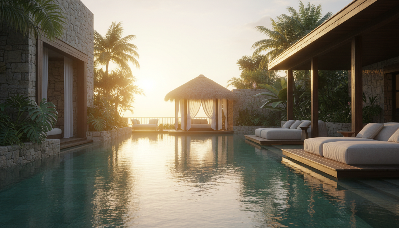 Luxury resort pool at sunset with golden light and tropical foliage