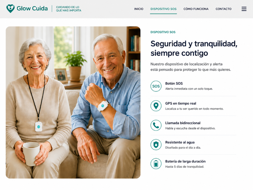Señora con dispositivo SOS al cuello y señor con dispositivo en la muñeca