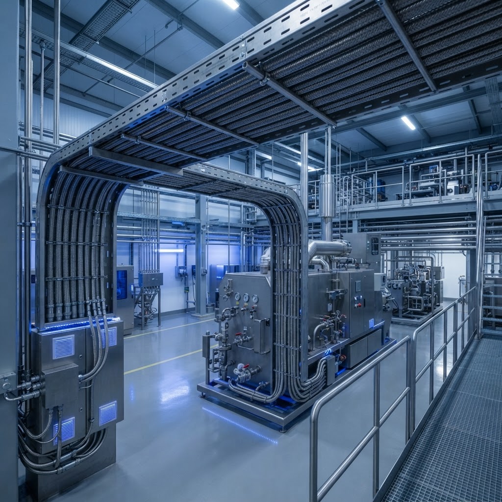 Armored cables routed through an industrial environment