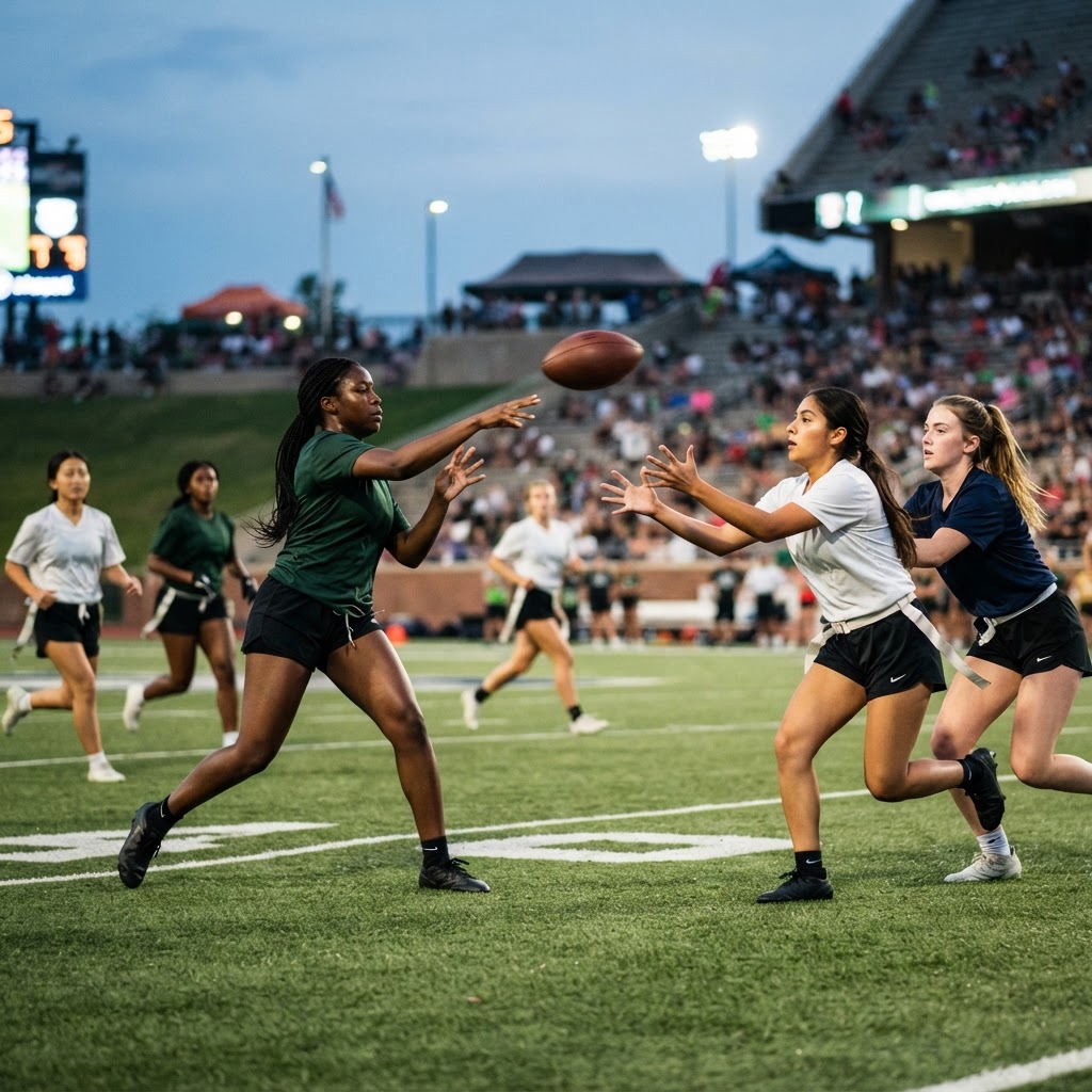 Girls 7-on-7 football passing action