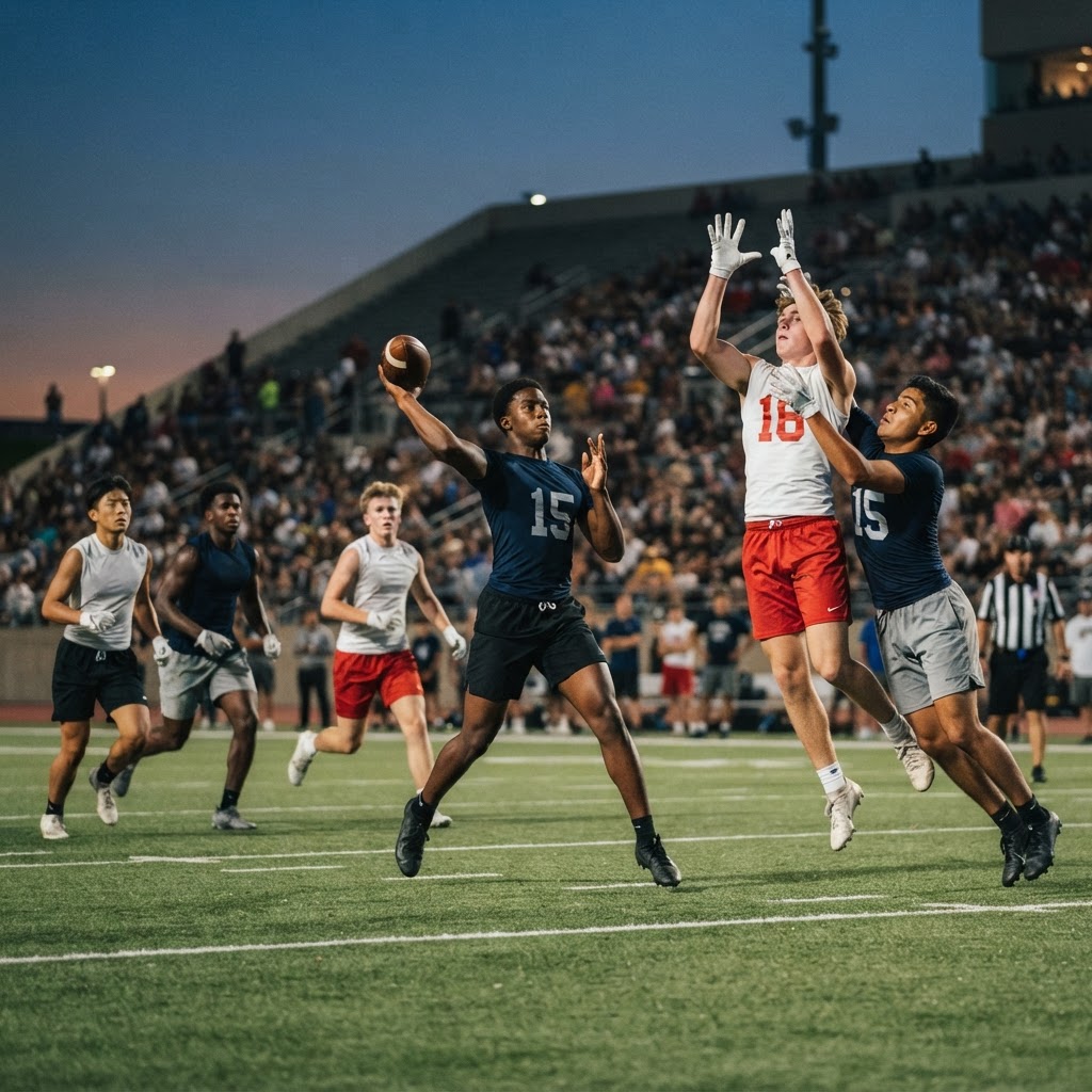 Boys 7-on-7 football passing action