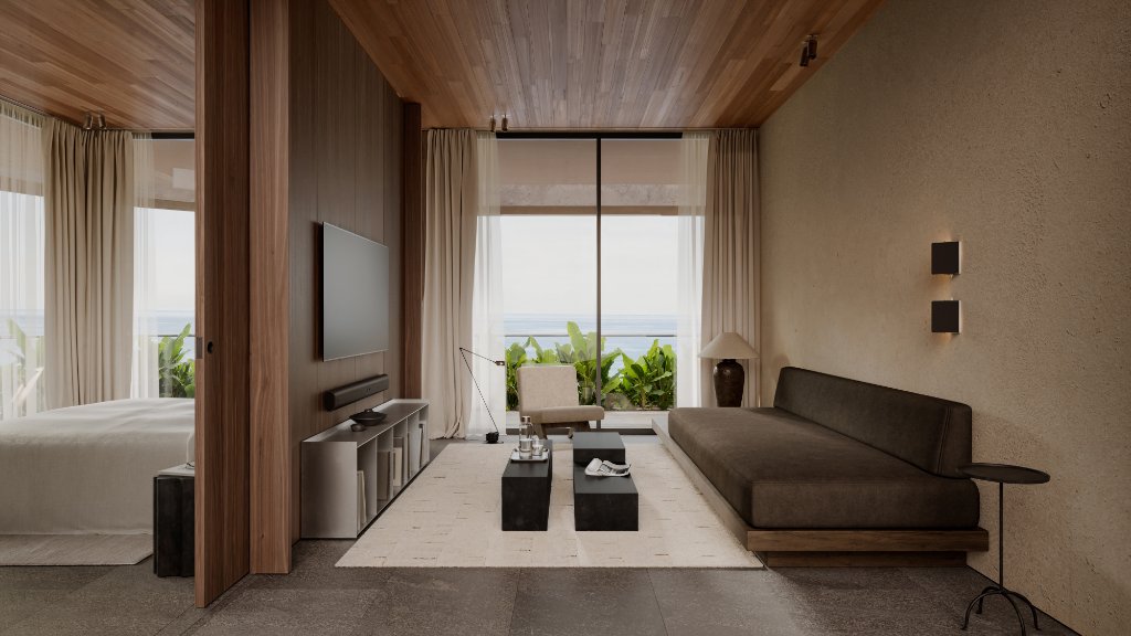 Luna Residences open-plan living area with bedroom Bali interior