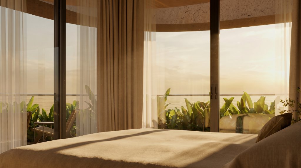 Luna Residences bedroom golden hour sunset warm lighting Bali