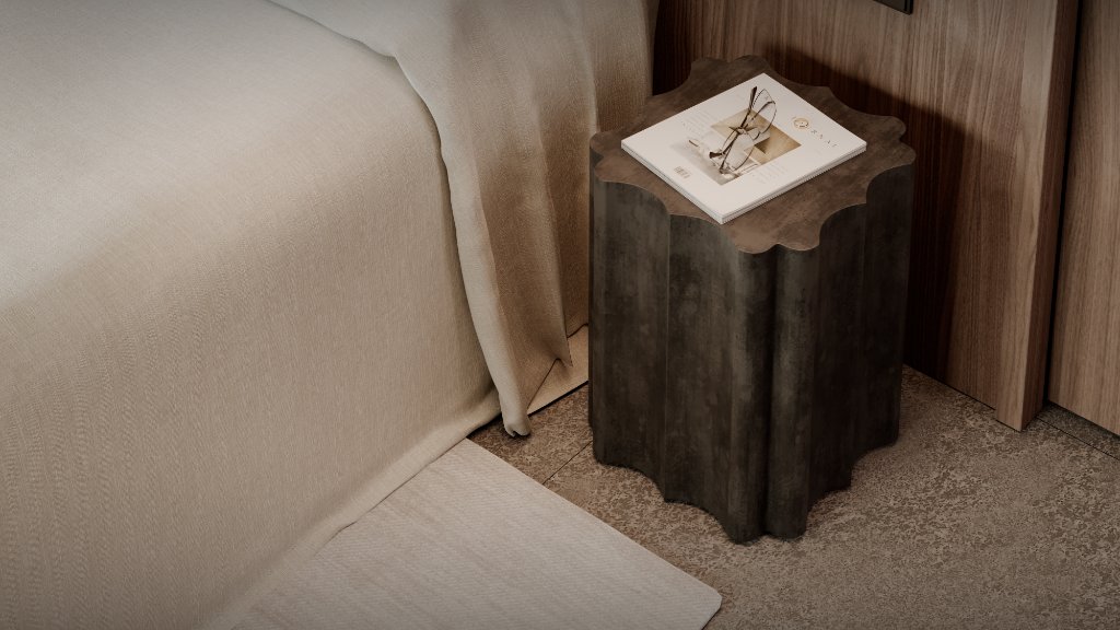 Luna Residences bedside detail with sculptural table luxury interior